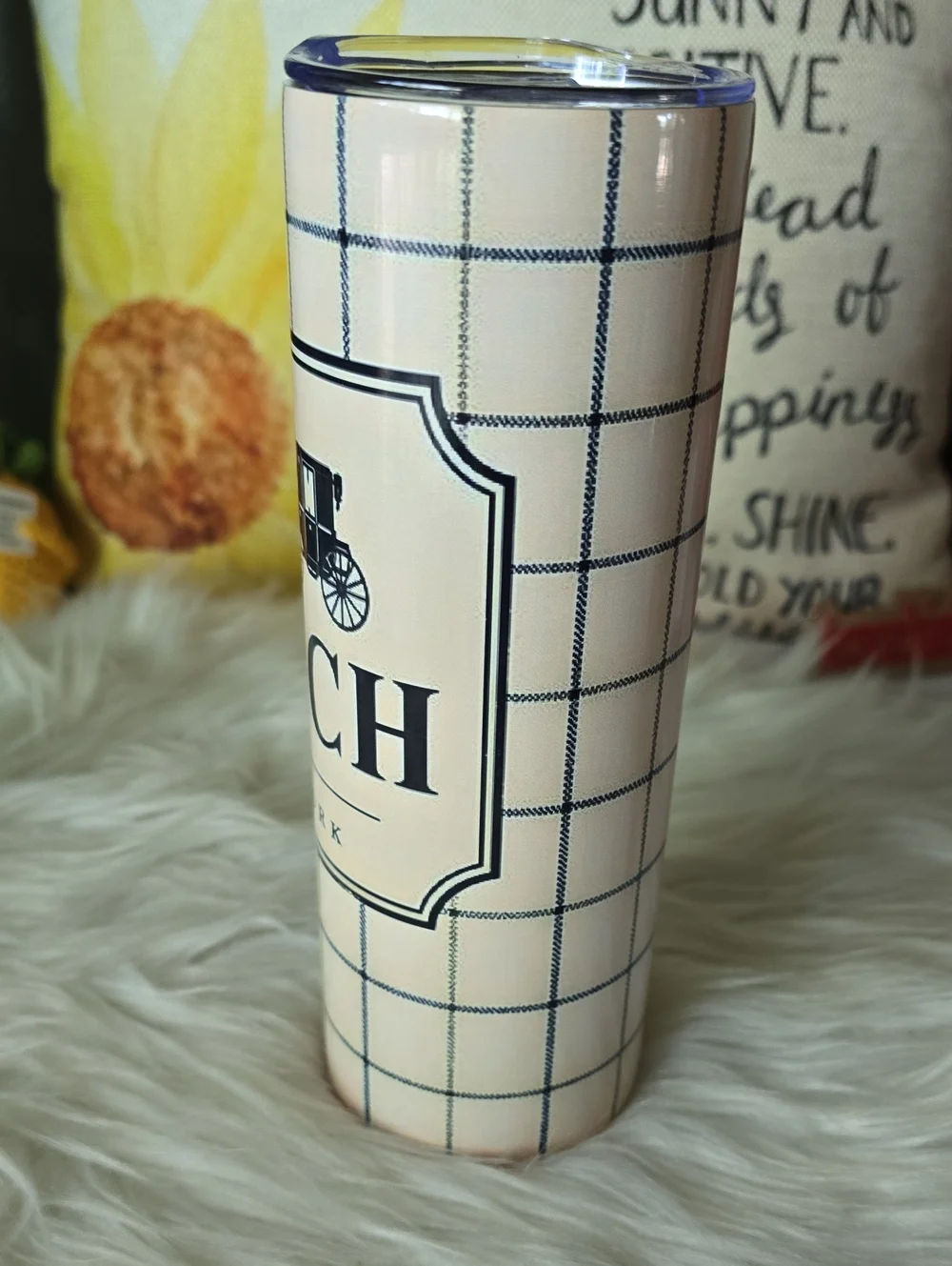 Fashion  Cream and Navy Plaid Insulated Tumbler with Black Logo